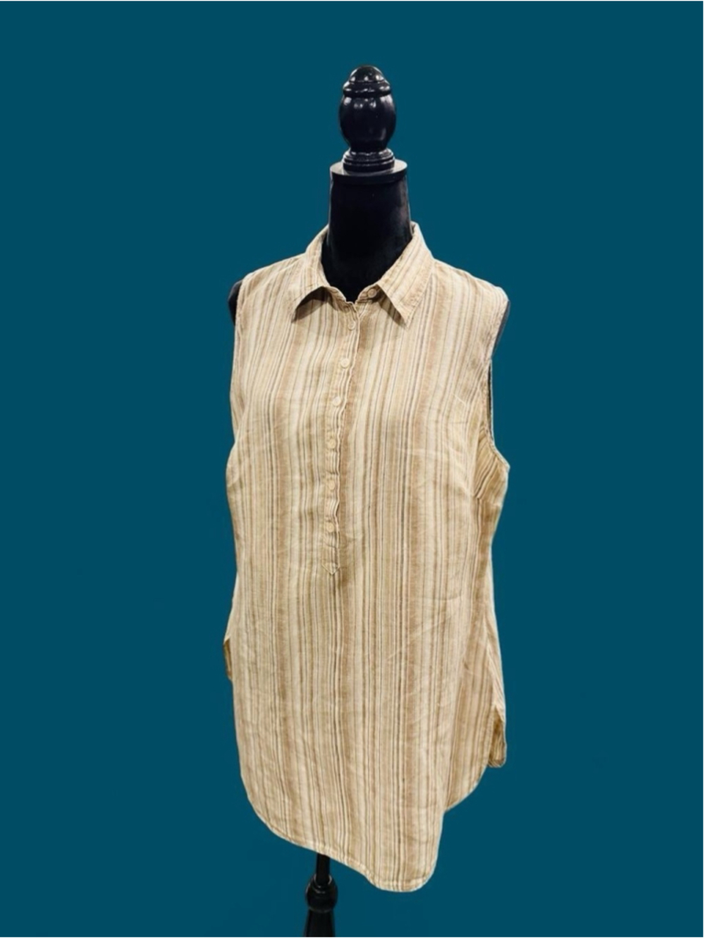 Avenue 100% Linen Striped Sleeveless Tunic Blouse Women’s 14/16 Neutral Tan
